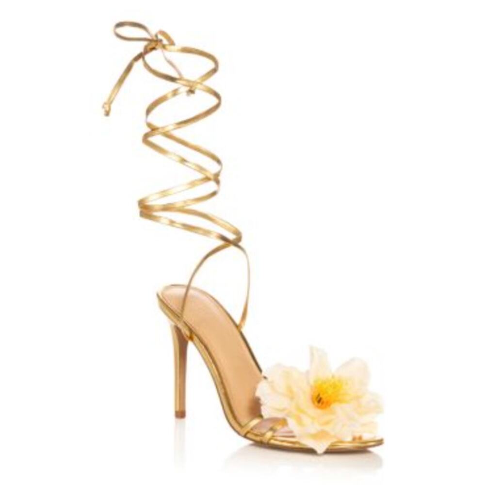 Aqua 8.5 gold wrap lace up flower heel sandals